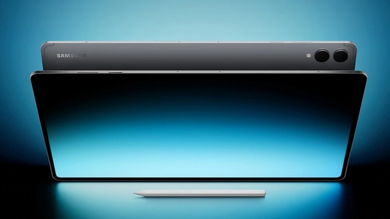 Samsung Galaxy Tab S11 tablet with its matching stylus on a clean blue background.