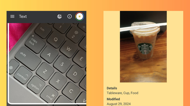 Google Lookout app identifying a Starbucks cup and computer keyboard keys on a phone screen.