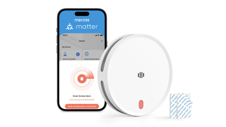 The Meross MA151 alarm shown alongside its mobile application interface on a smartphone.