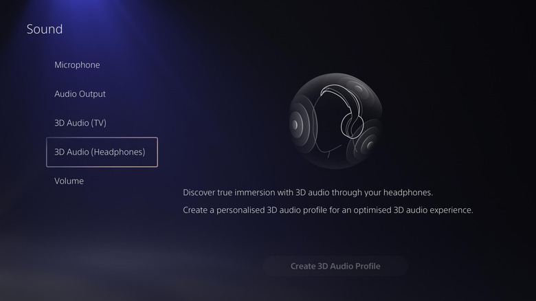 The PlayStation 5 system menu showing the 3D Audio settings for headphones.