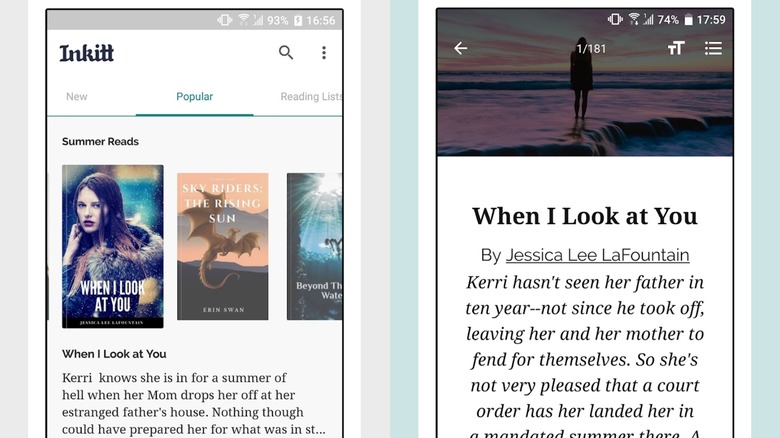 Two screenshots showing the Inkitt mobile app with trending stories and reading personalization options.