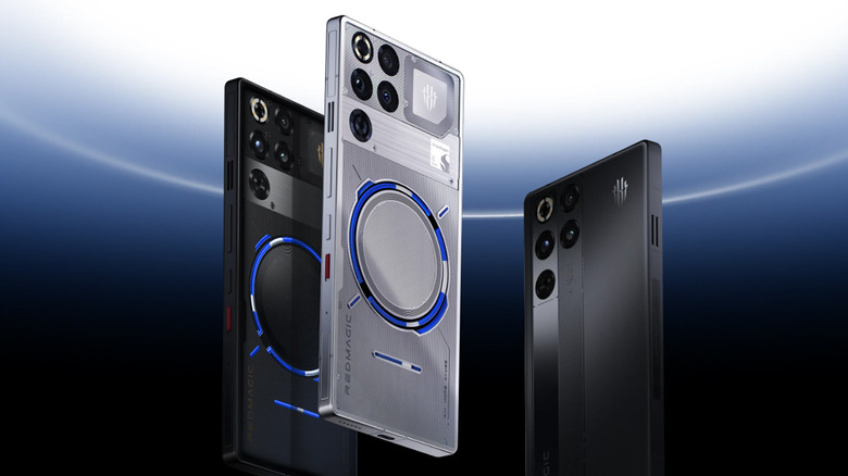 RedMagic 11 Pro handsets displayed in various colors on a blue gradient background.