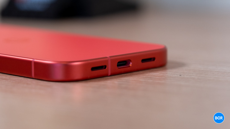 Detail shot of the USB-C charging port on the bottom edge of the Google Pixel 10a.