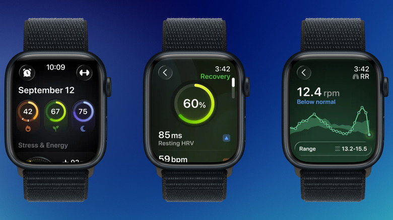 Bevel app interface on Apple Watch showing readiness and recovery scores.