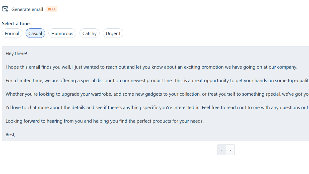 An email composition window in Freshsales featuring AI-generated content suggestions.