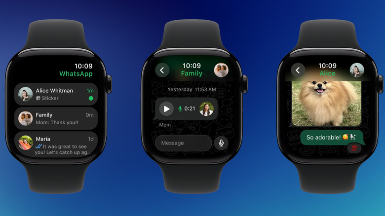 WhatsApp interface showing voice notes and messages on the Apple Watch and iPhone.