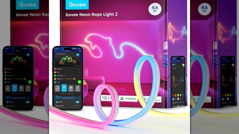 The Govee Smart Neon Rope Light displayed next to a smartphone with the Govee Home app open.
