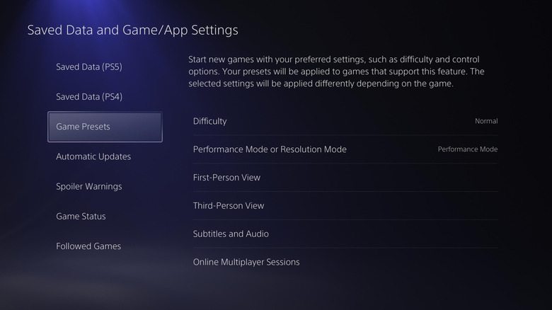 The PS5 Game Presets menu displaying options for difficulty, performance mode, and first-person view.