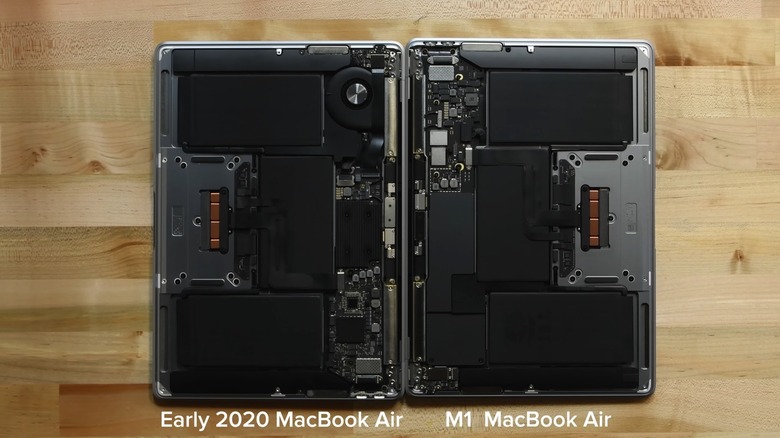 Side-by-side internal comparison of an Intel MacBook Air with a fan and an M-series MacBook Air without a fan.