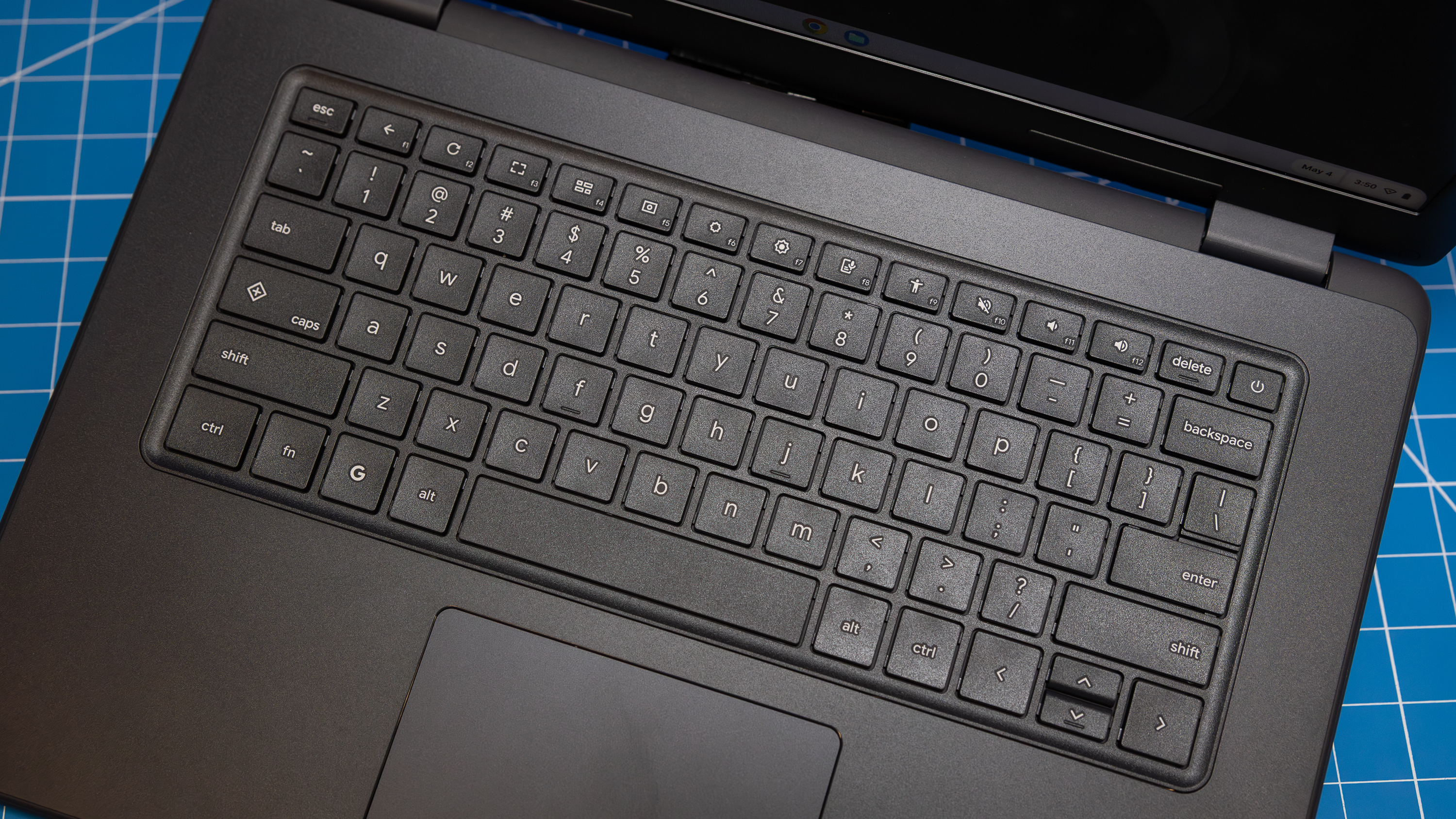 Detailed close-up showing the Dell Chromebook 14 keyboard and pick-proof keycaps.