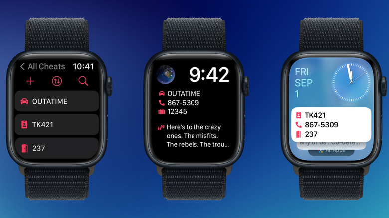 Cheatsheet app for Apple Watch showing quick reference notes and complication settings.