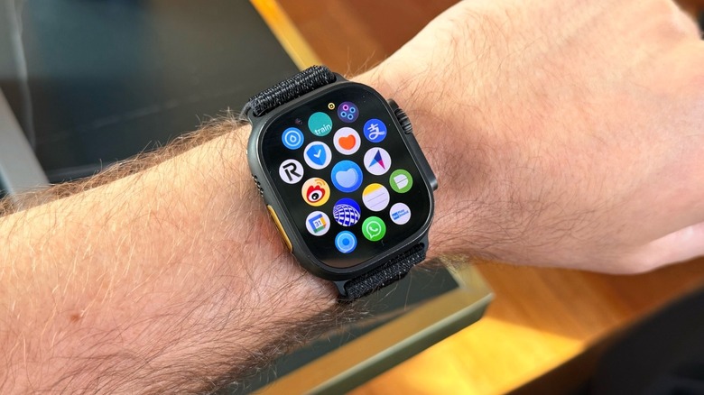 An Apple Watch Ultra 2 worn on a wrist, showing a high-contrast workout interface.