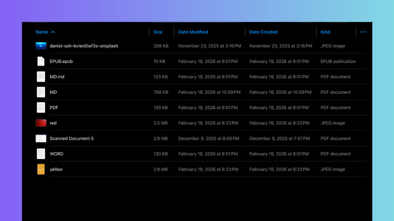 iPadOS Files app displaying documents in a detailed list view with size and date metadata.