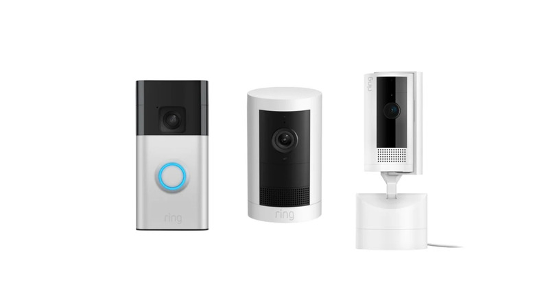Ring doorbell and security cameras arranged side-by-side on a white background.