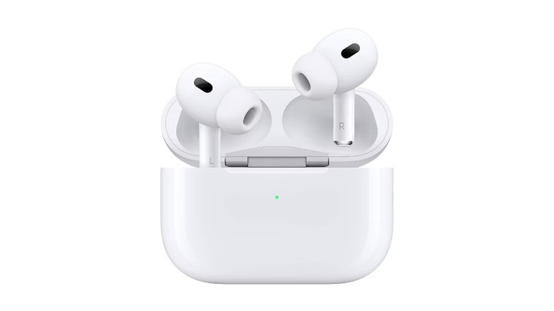 White Apple AirPods Pro 2 earbuds resting in their open charging case.