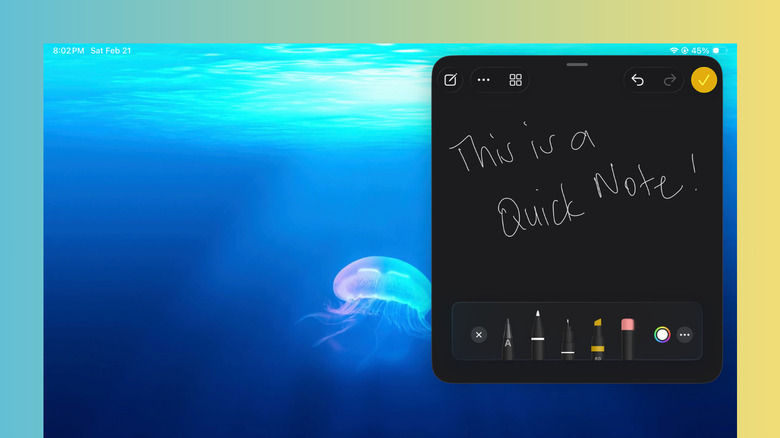 An iPad screen with a Quick Note window appearing from the bottom corner triggered by an Apple Pencil.