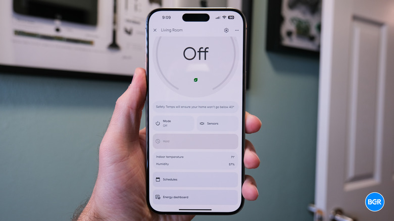 Smartphone screen displaying the Google Home app interface for the Nest Learning Thermostat 4th Gen.