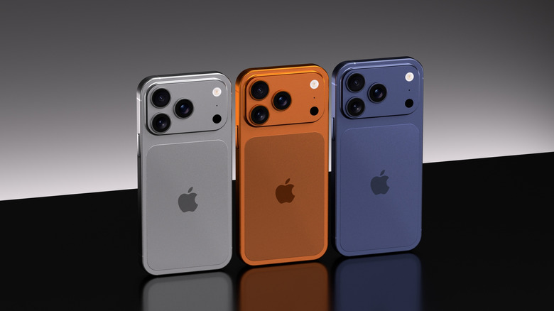 The iPhone 17 Pro Max in multiple colors: orange, blue, and white.