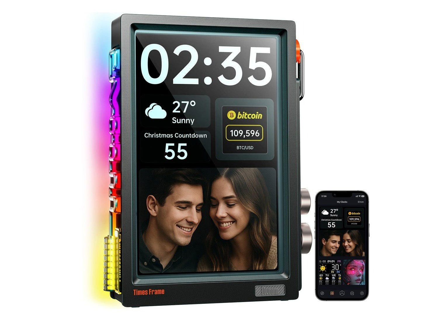 Close-up of the Divoom Times Frame showing the triple-layer tempered glass and mechanical rotary knobs.