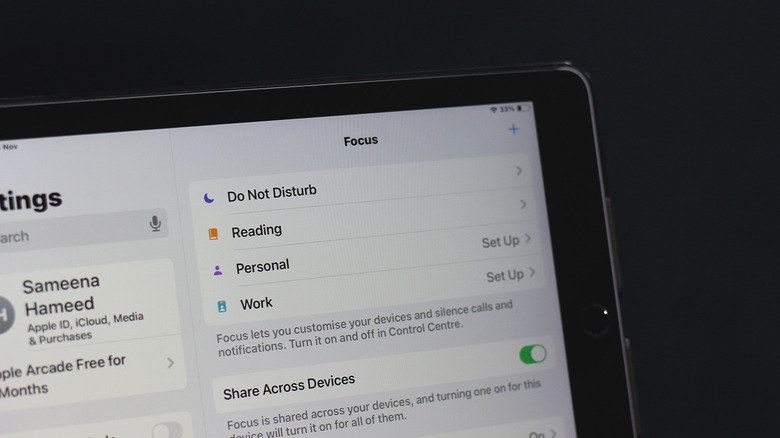 The iPad Focus Mode settings showing the Reading profile.