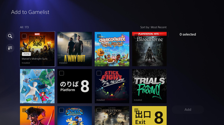 The PS5 system UI showing the Add to Gamelist selection screen for organizing digital games.