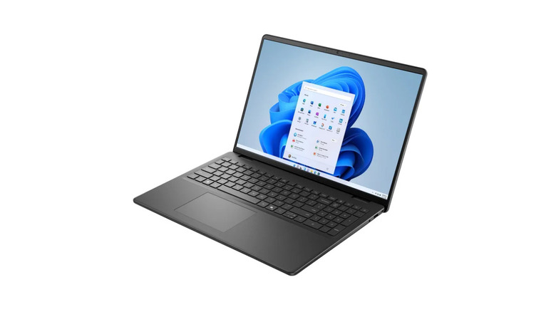 Dell 16-inch touchscreen laptop open and facing forward, showcasing its slim bezels.