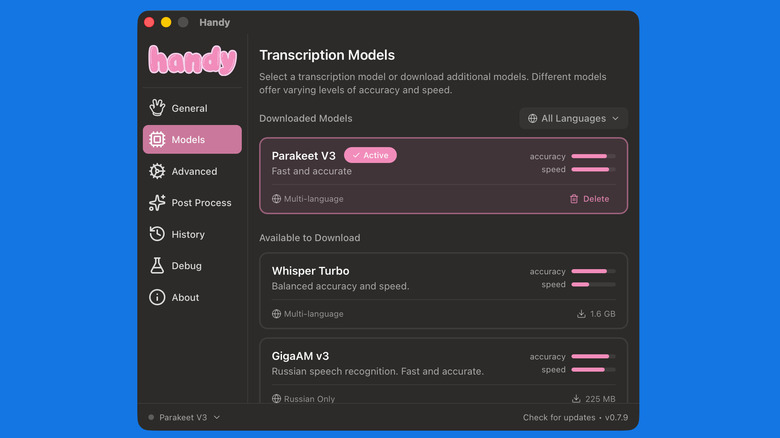 An AI transcription app for Mac showing various speech-to-text models and processing options.