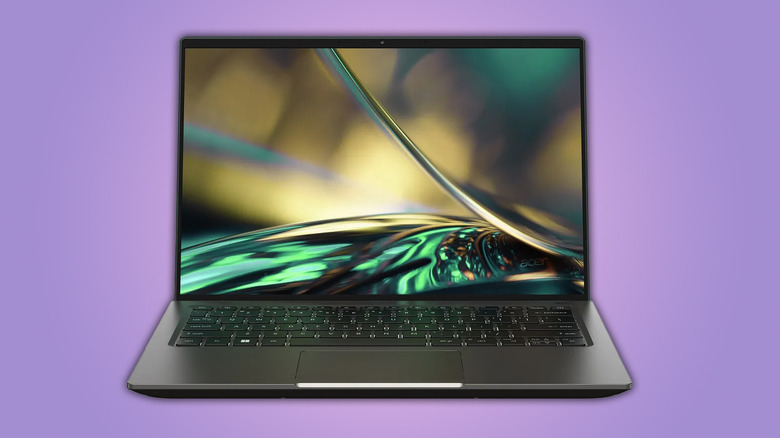 An Acer Swift X 2022 laptop displayed against a purple background.