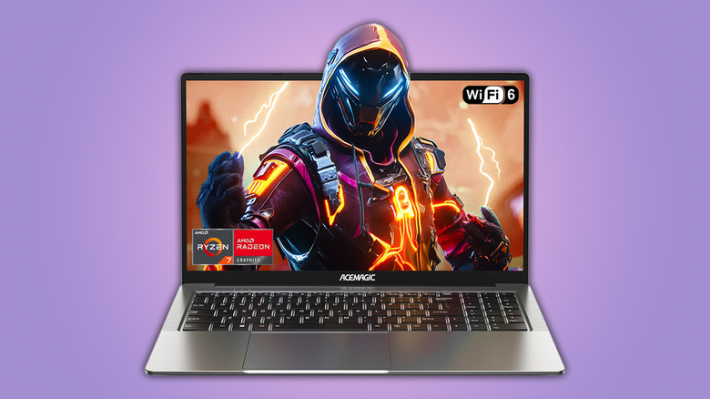 ACEMAGIC LX15Pro laptop on a clean purple background.