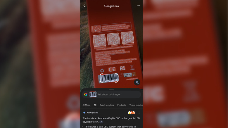 Screenshot of Google Lens identifying product barcodes on a retail box.