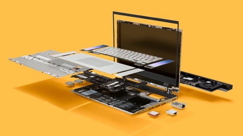 A close-up view of the Framework Laptop 16 modular system showing its internal layout and customization options.