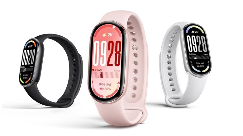 Three variants of the Xiaomi Mi Smart Band 10 in different colors.