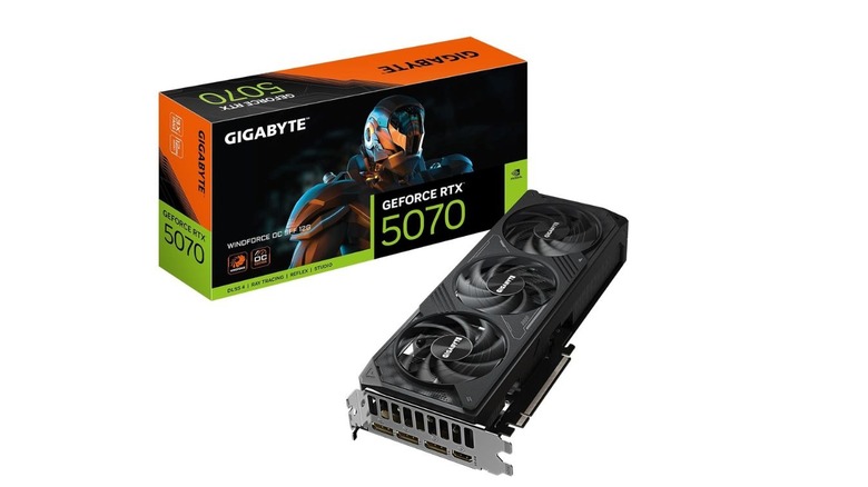A GIGABYTE RTX 5070 graphics card with futuristic packaging art depicting a character in high-tech armor.