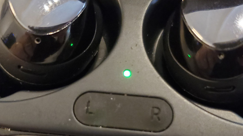 Close-up of the LED indicator light on a Samsung Galaxy Buds charging case.