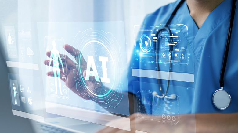A medical professional using a digital tablet with high-tech AI diagnostic overlays for voxel-level analysis.