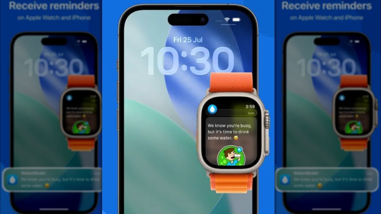 An Apple Watch displaying the Water Track by Water Minder app with an iPhone in the background.