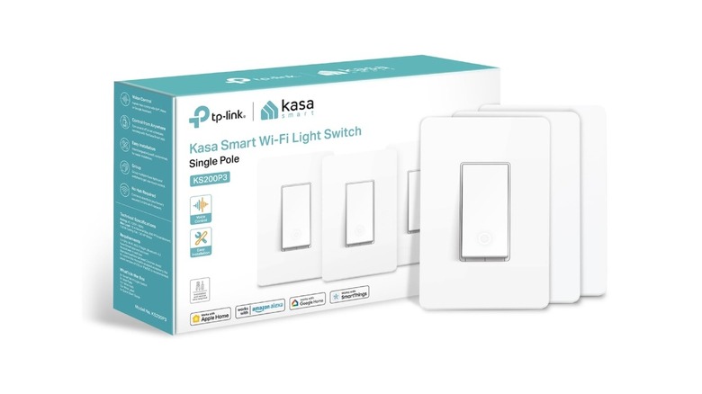 A Kasa smart light switch installed on a wall.