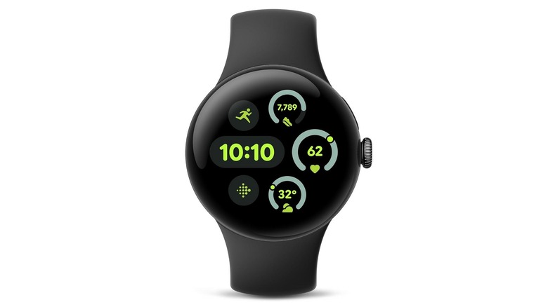 The Google Pixel Watch 3 with a black strap and circular glass face.