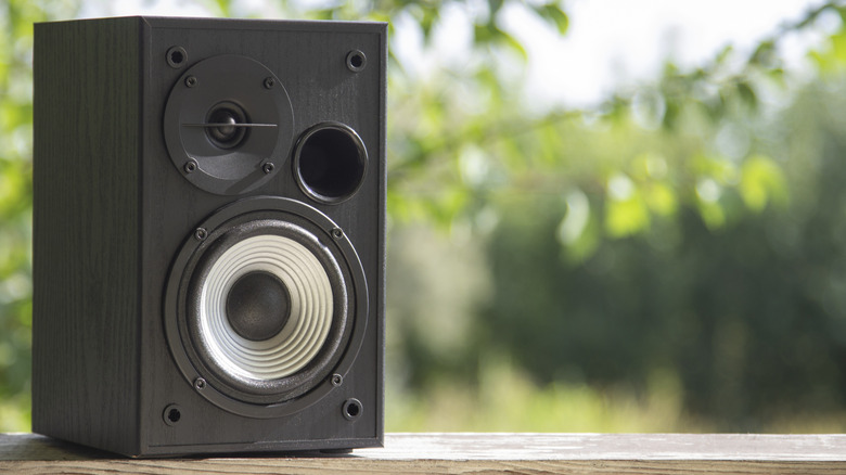 A single bookshelf speaker placed on an outdoor patio ledge surrounded by greenery.