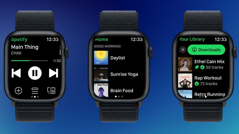 Spotify Apple Watch interface showing downloaded playlists for offline listening.