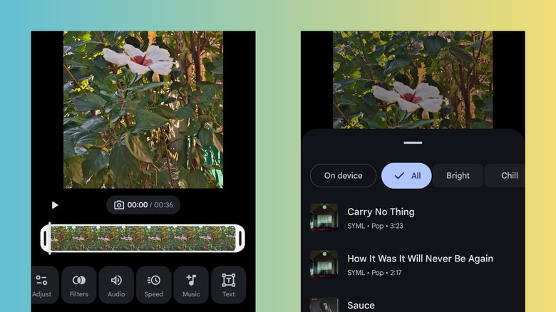 A user interface in Google Photos for adding background music to a video project.