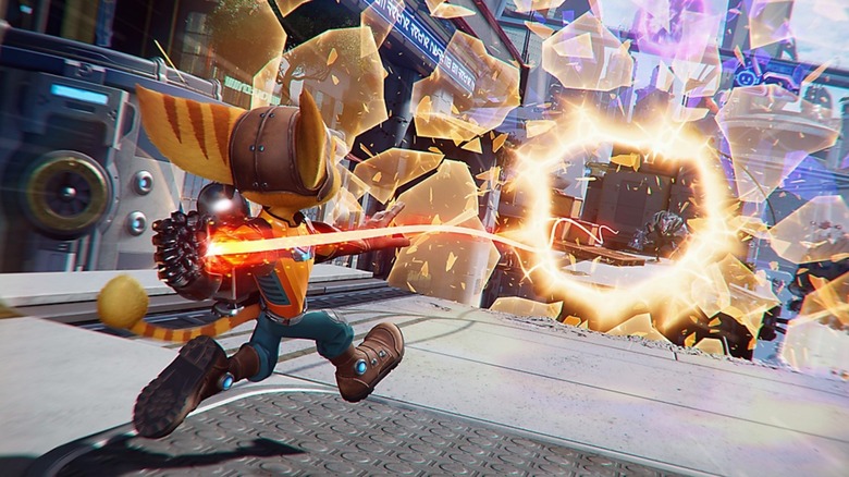 A detailed cinematic screenshot from Ratchet and Clank Rift Apart showing a character jumping through a glowing interdimensional rift.