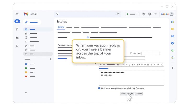 A clear view of the Gmail interface showing the vacation responder and auto-reply configuration settings.