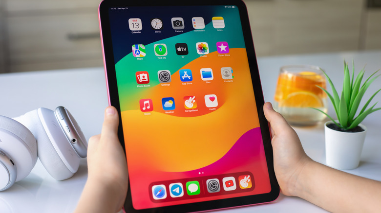A person holding an iPad, demonstrating its handheld utility and portability.