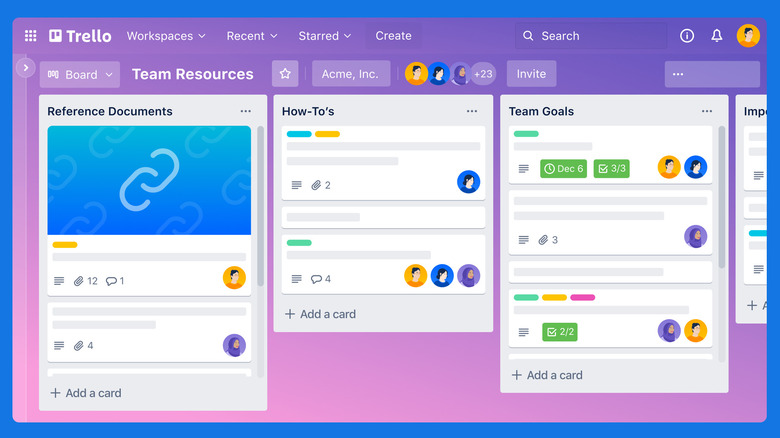 A Trello board with multiple task columns and cards containing attachments and due dates.
