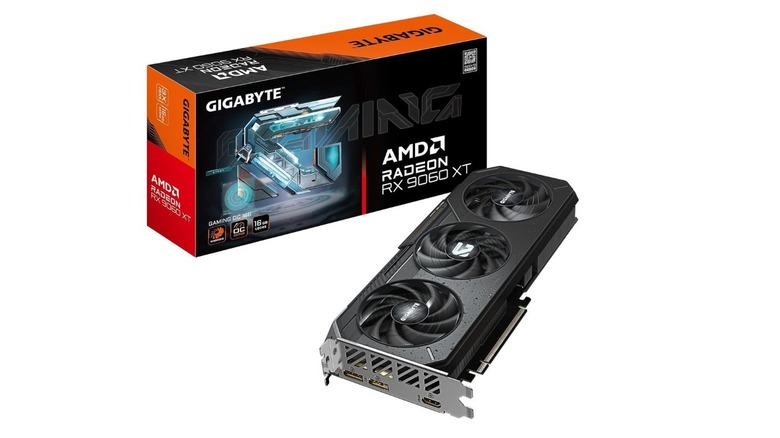 An AMD Radeon RX 9060 XT graphics card by GIGABYTE shown next to its product box.