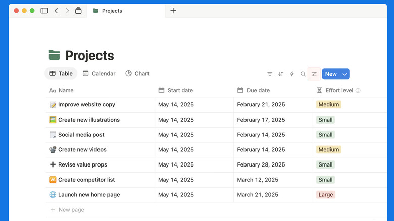 A Notion workspace showing a detailed database with multiple custom columns for project tracking.