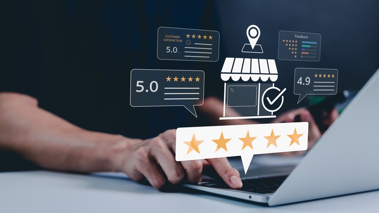 A series of holographic five-star customer rating boxes floating in a digital space.