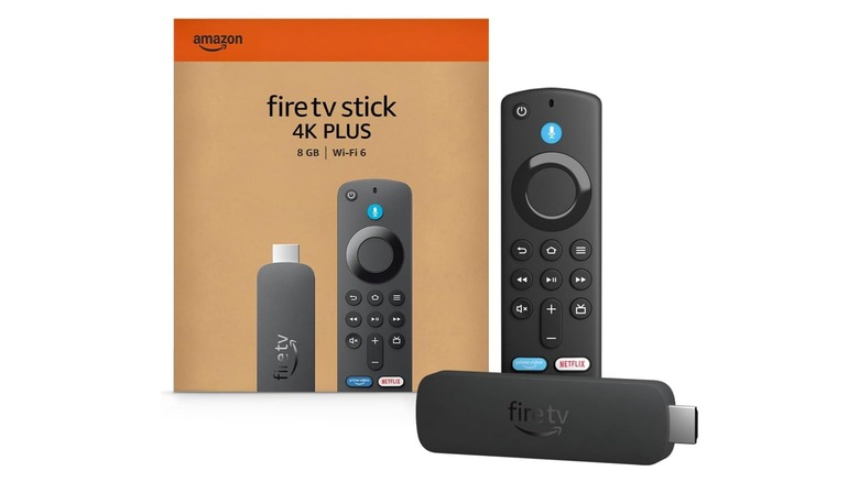 Full set of the Fire TV Stick 4K Plus kit including the device, remote control, and retail packaging.
