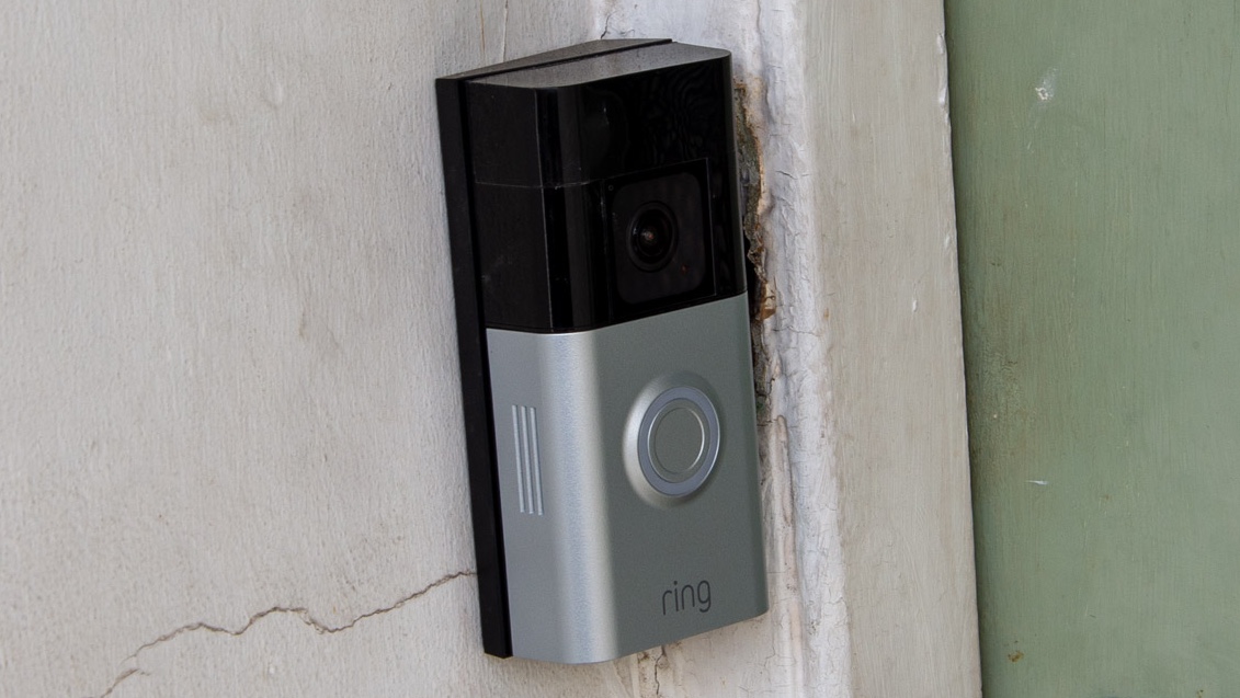 Front view of the Ring Battery Doorbell Pro highlighting its sleek design and camera sensor.